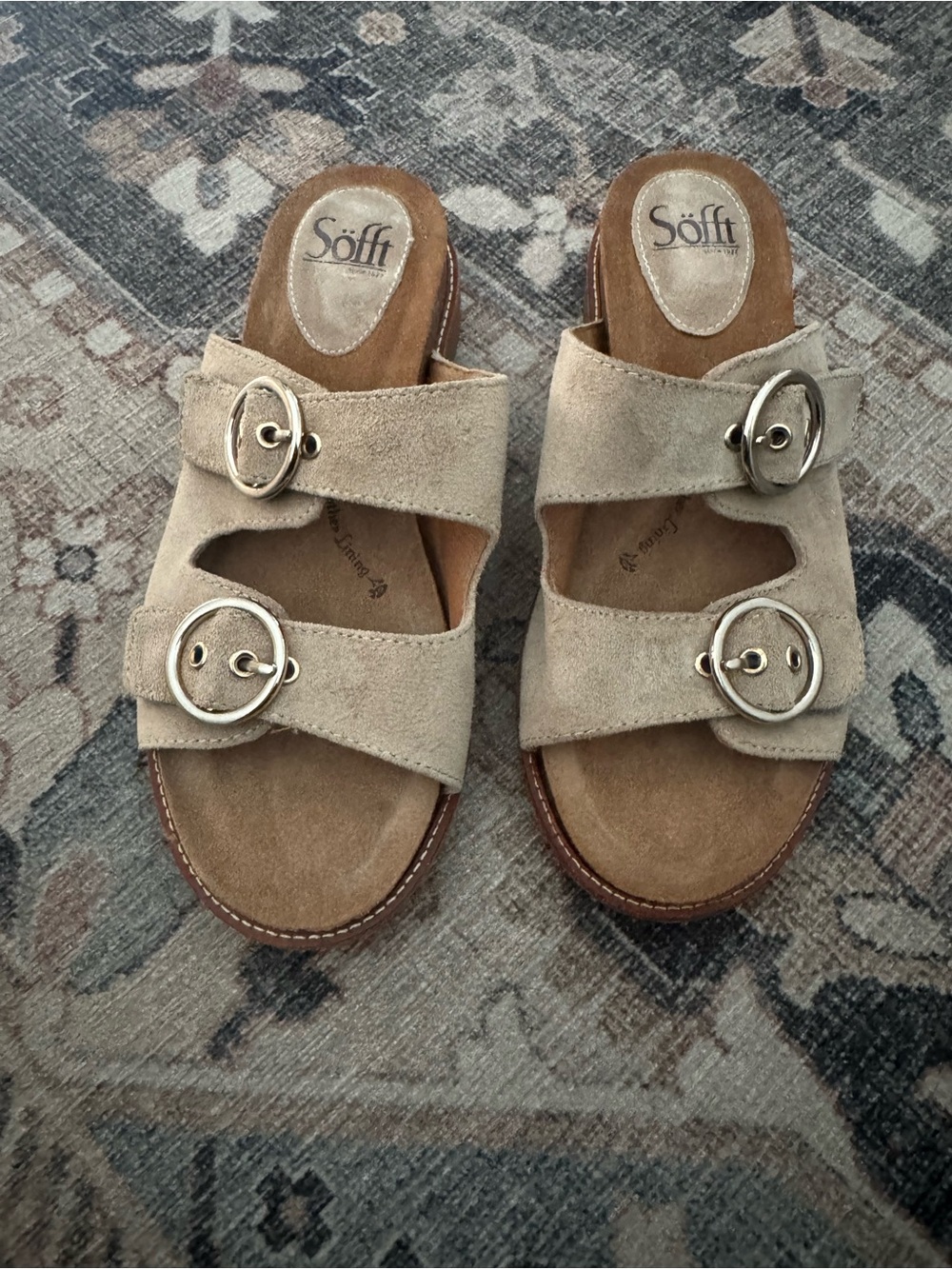 Söfft Taupe Suede Double-Buckle Slide Sandals
